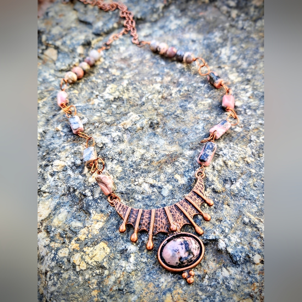 Sumerian Inspired Natural Pink Rhodonite Handwired In Antique Copper Necklace